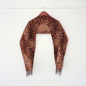 Leopard Print Fringe Scarf Shawl Wrap Soft Brown Tan Winter Animal Print